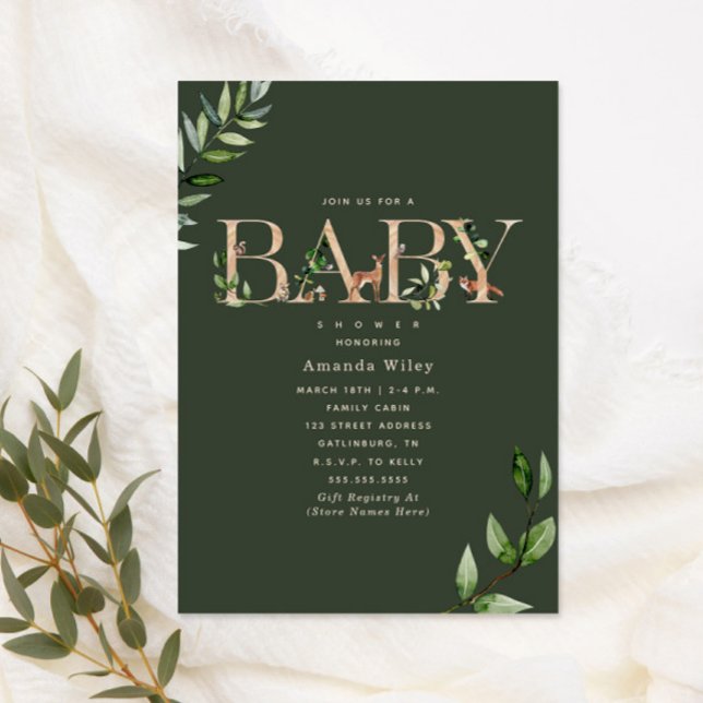 Invitación Leyenda de animales de bosque Baby Shower verde (Subido por el creador)