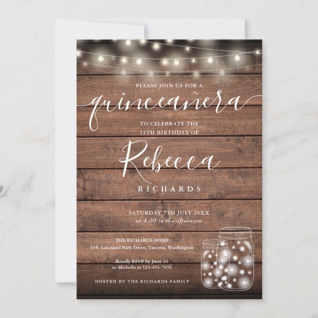 Invitación Leyenda de cuerdas Mason Jars Script Quinceañera 1 (Anverso)