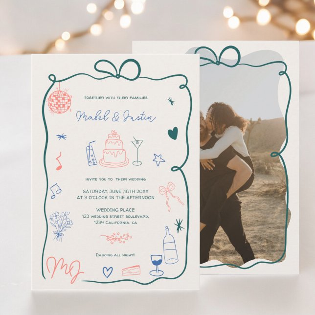 Invitación Leyenda de las iniciales retro boda fotográfico il (Retro initials ribbon illustrated photo wedding invitation)