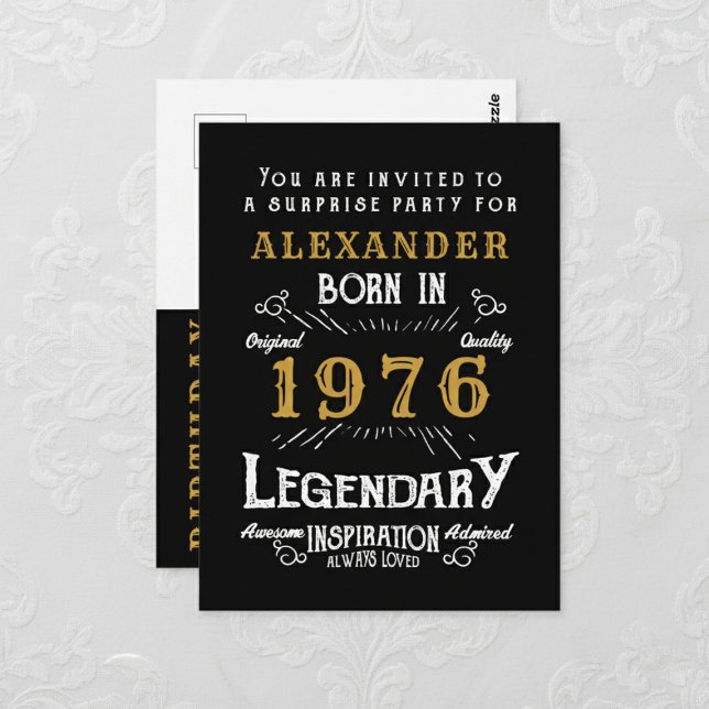 Invitación Leyenda del Oro Negro Cumpleaños 50 197 (1976 birthday invitation postcard. Background white lace.)