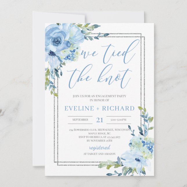 Invitación Leyenda manuscrita azul floral amarrado en el nudo (Anverso)