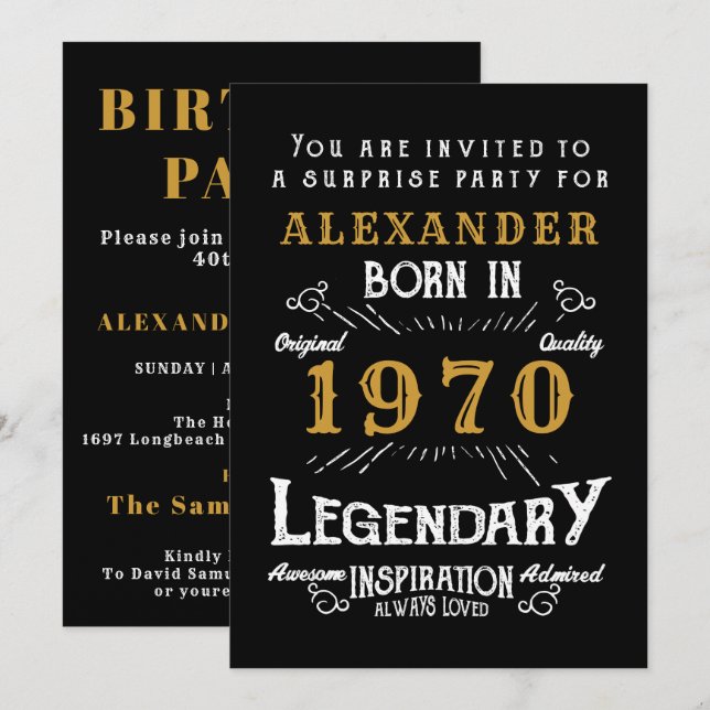 Invitación Leyenda retro de oro negro personalizada en 1970 (Anverso / Reverso)