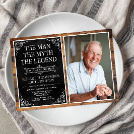 Invitación Leyenda Rustic Man Myth Black 100th Birthday Photo