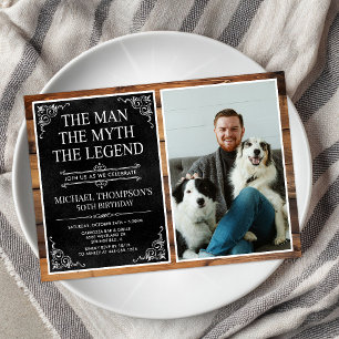 Invitación Leyenda Rustic Man Myth Black 50th Birthday Photo