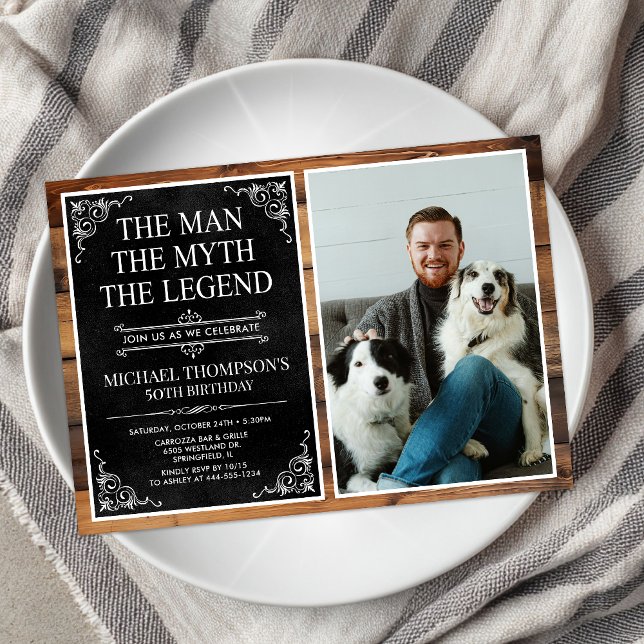 Invitación Leyenda Rustic Man Myth Black 50th Birthday Photo (Subido por el creador)