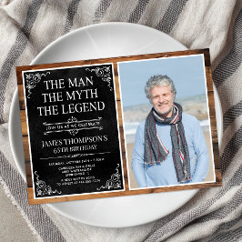 Invitación Leyenda Rustic Man Myth Black 65th Birthday Photo