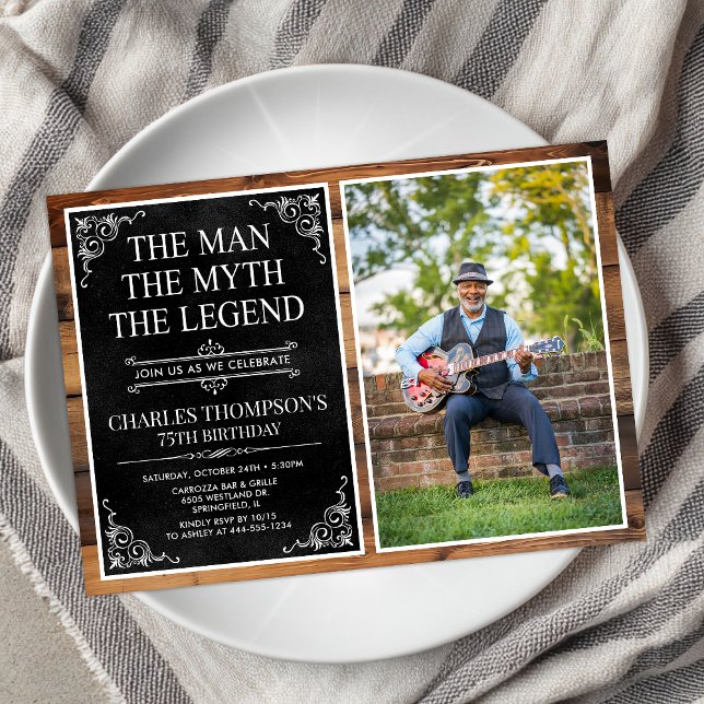 Invitación Leyenda Rustic Man Myth Black 75th Birthday Photo (Subido por el creador)