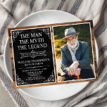 Invitación Leyenda Rustic Man Myth Black 80th Birthday Photo<br><div class="desc">¡Es El Hombre El Mito La LEYENDA! Su vida ha sido una aventura asombrosa y es momento de celebrar su legado y a él. Este papel negro con respaldo de madera de grano natural con textura de tipo blanco y esquinas de enrollado blanco invitación al cumpleaños 80 con la foto...</div>
