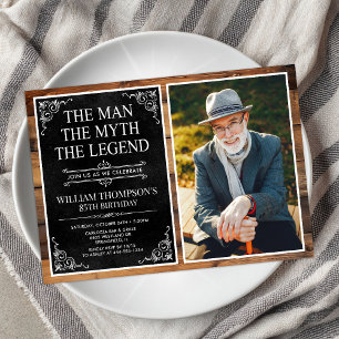 Invitación Leyenda Rustic Man Myth Black 85th Birthday Photo