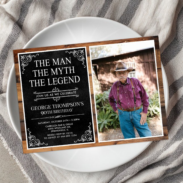 Invitación Leyenda Rustic Man Myth Black 90th Birthday Photo (Subido por el creador)