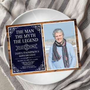 Invitación Leyenda Rustic Man Myth Blue 60th Birthday Photo