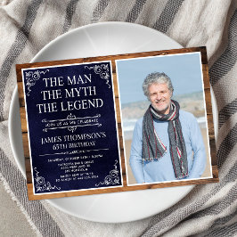 Invitación Leyenda Rustic Man Myth Blue 65th Birthday Photo