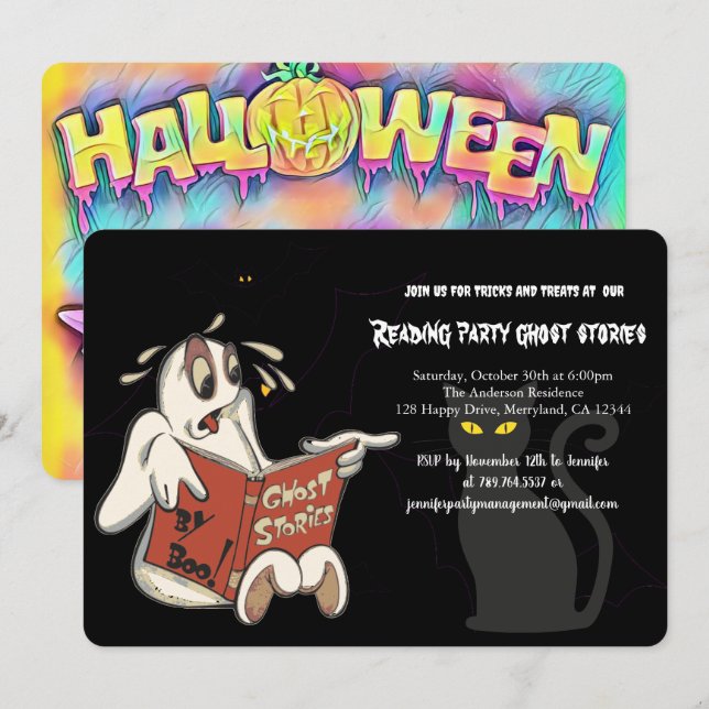 Invitación Leyendo historias fantasmas fiesta, Halloween (Anverso / Reverso)