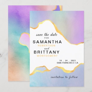 Invitación LGBT Boda Arcoíris Aquarela Gold Save the Date