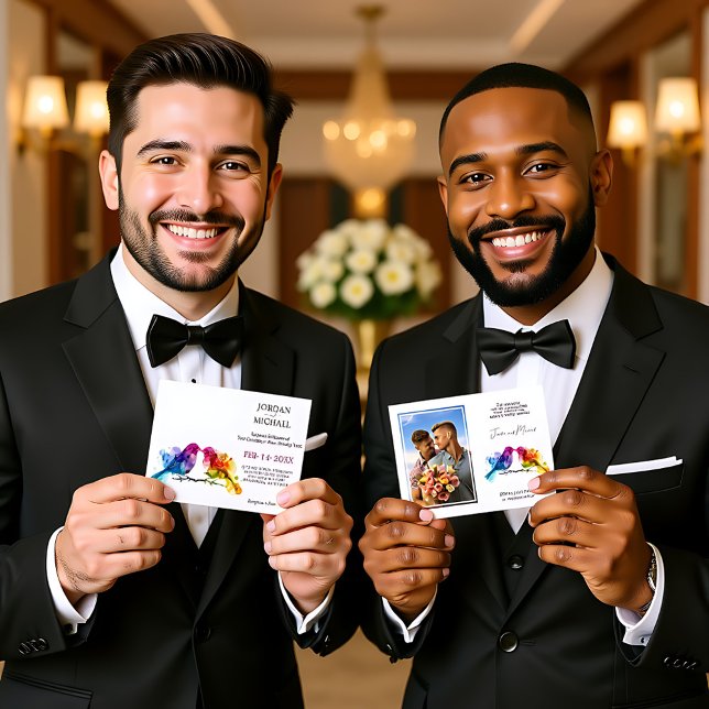 Invitación LGBTQ+ con foto Rainbow Lovebirds (LGBTQ+ with photo Rainbow Lovebirds Invitation)