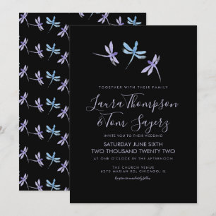 Invitación Libélula Acuarela Escritura Elegante Boda Negra