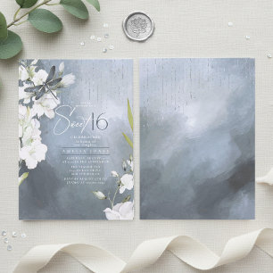 Invitación Libélula Floral Dulces 16 Polvoriento Azul ID1310