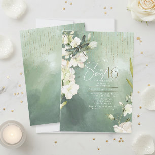 Invitación Libélula Floral Dulces 16 Verde Salvia ID1310