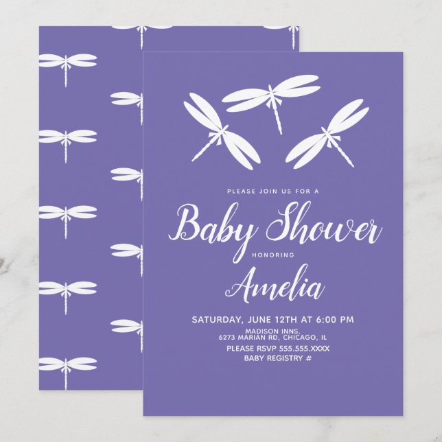 Invitación Libélulas Lindas  Bebé Rosa Morado Blanco Invitaci (Anverso / Reverso)