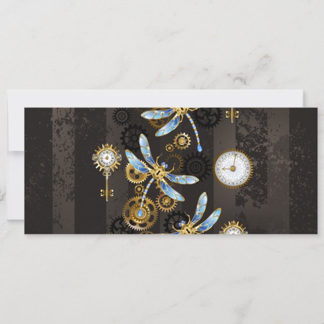 Invitación Libélulas Steampunk sobre fondo rayado marrón (Anverso)