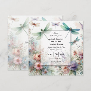 Invitación Libélulas y Florales Pastel para Boda