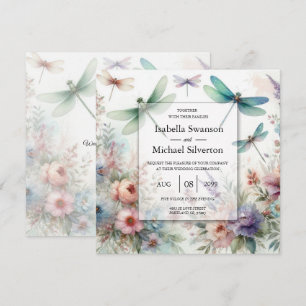 Invitación Libélulas y Florales Pastel para Boda