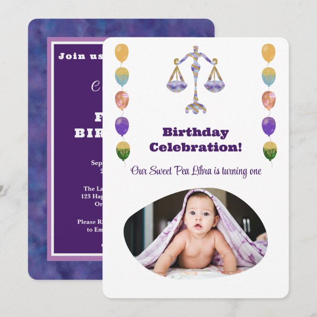 Invitación Libra 1st Birthday Photo Impressionist Gold (Anverso / Reverso)