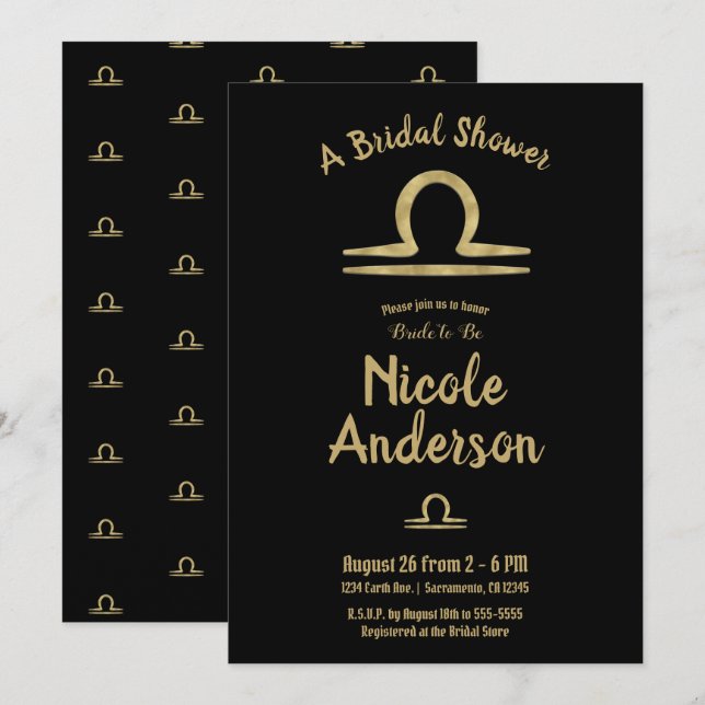 Invitación LIBRA Dorado Zodiac Astrología Caída Ducha Bridal (Anverso / Reverso)