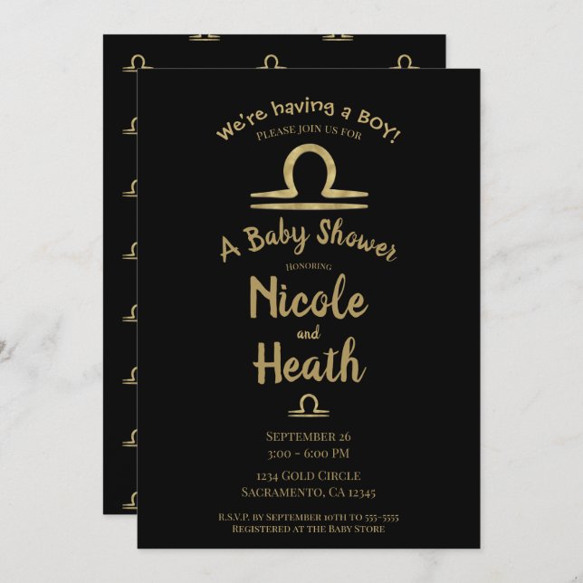Invitación LIBRA Gold Baby Shower septiembre otoño (Anverso / Reverso)