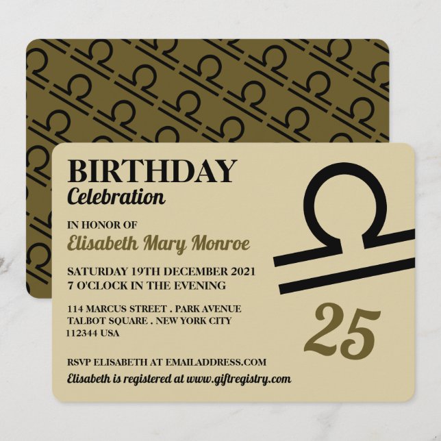 Invitación Libra, Las Escalas, Signo Estrella Zodiaca, Cumple (Anverso / Reverso)