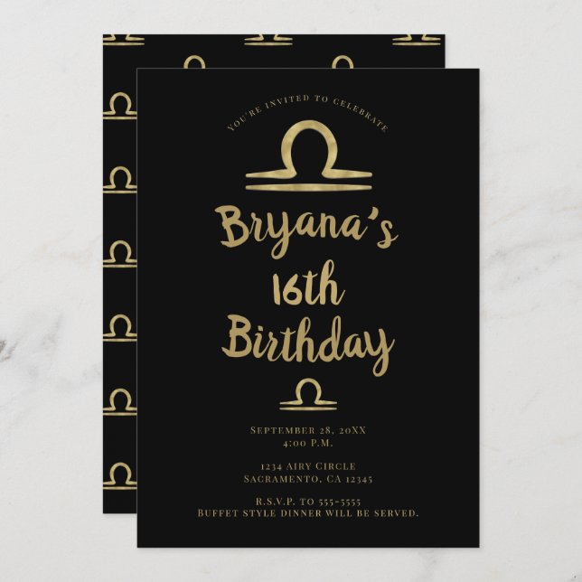 Invitación LIBRA Oro Septiembre Octubre Astrología de cumplea (Anverso / Reverso)