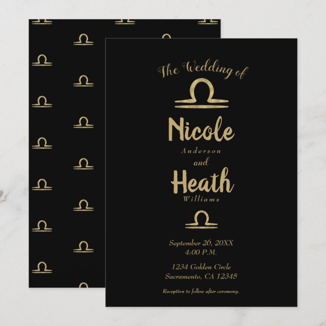 Invitación LIBRA Oro Zodíaco Astrología Boda de Verano Otoño (Anverso / Reverso)