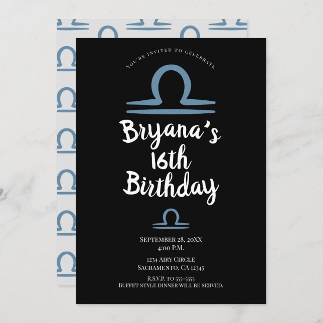 Invitación LIBRA Zodiac Septiembre Octubre Astrología de cump (Anverso / Reverso)