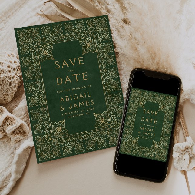 Invitación Libro Antiguo Verde Dorado Boda Save the Date (Subido por el creador)