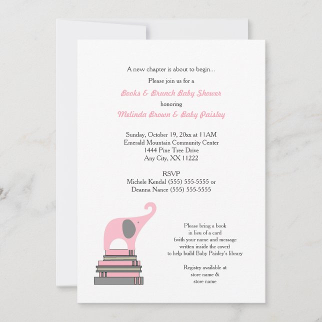 Invitación Libro Baby Shower del elefante rosado/chica del (Anverso)