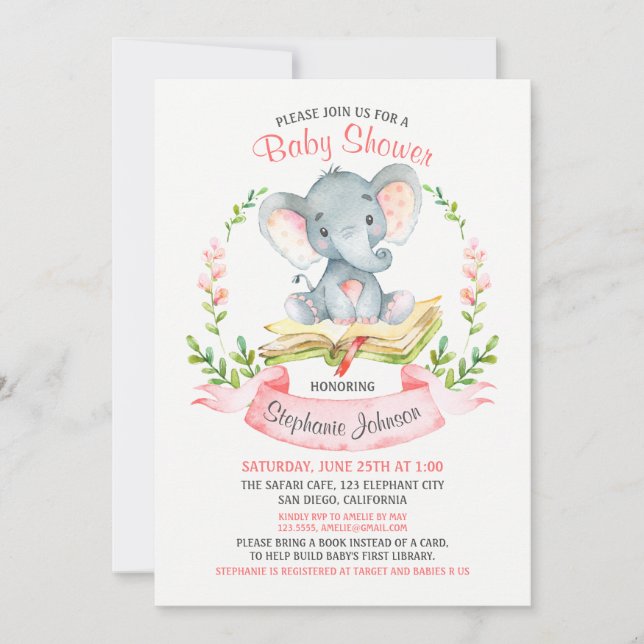 Invitación Libro Baby Shower sobre Elefante de Agua Chica (Anverso)