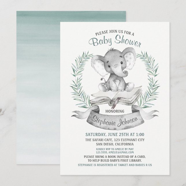 Invitación Libro Baby Shower sobre Elefantes de Agua (Anverso / Reverso)