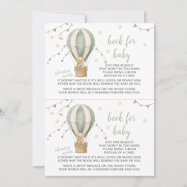 Invitación Libro de aventuras Green Teddy Balloon para Baby S (Anverso)