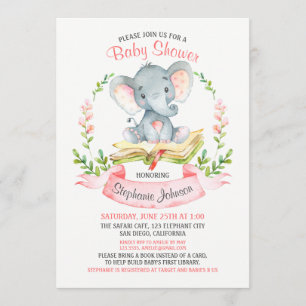 Invitación Libro de Baby Shower del chica del elefante de la