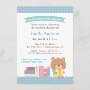 Invitación Libro de Baby Shower sobre puntos de polka azul de