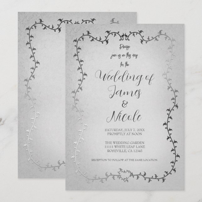 Invitación Libro de Bodas de Hojas Botánicas Blanco Plateado (Anverso / Reverso)