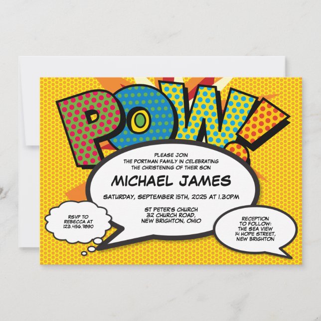 Invitación Libro de Cómic Divertido Bautizo Moderno (Anverso)