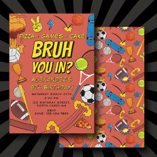 Invitación Libro de Cómics Bruh Deportes Balones de Cumpleaño