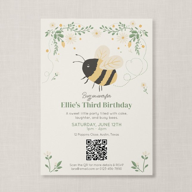 Invitación Libro de Cuentos Código QR Cumpleaños Niños Abeja  (Wildflower Flight - Honeybee QR Code Birthday Invitation)