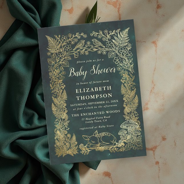 Invitación Libro de Cuentos de Animales del Bosque Baño de Be (woodland deer baby shower ideas forest themed mushrooms greenery faux gold invitation)