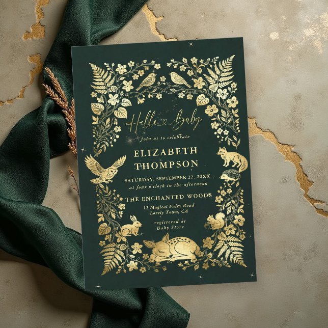 Invitación Libro de Cuentos de Animales del Bosque Baño de Be (woodland baby shower theme faux gold frame invitation animals enchanted forest storybook fairytale)