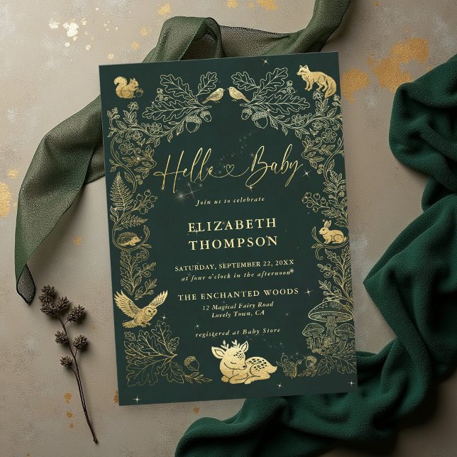 Invitación Libro de Cuentos de Animales del Bosque Fiesta de  (woodland baby shower ideas animals enchanted forest garden storybook frame elegant green faux gold)