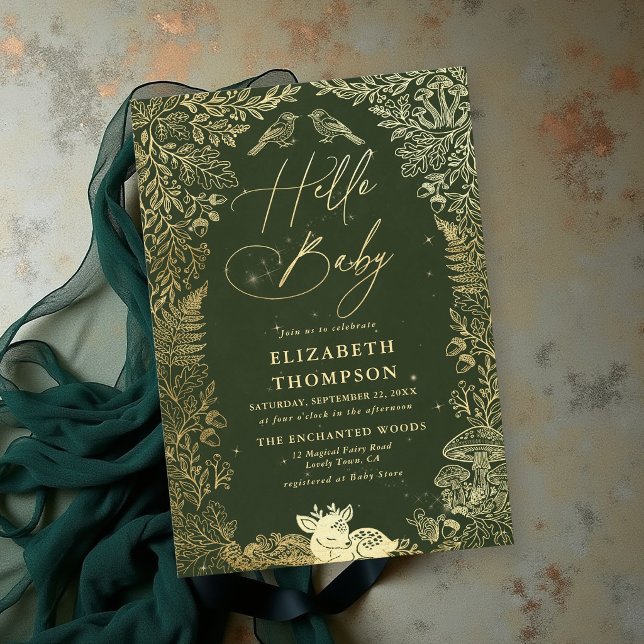 Invitación Libro de Cuentos de Ciervos del Bosque Fiesta de B (woodland deer baby shower invitation enchanted forest animals elegant minimalist faux gold green)