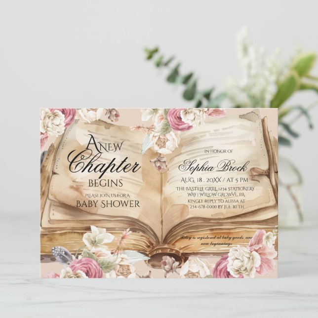 Invitación Libro de cuentos del reino Fiesta de bebé Flores (Anverso de pie)