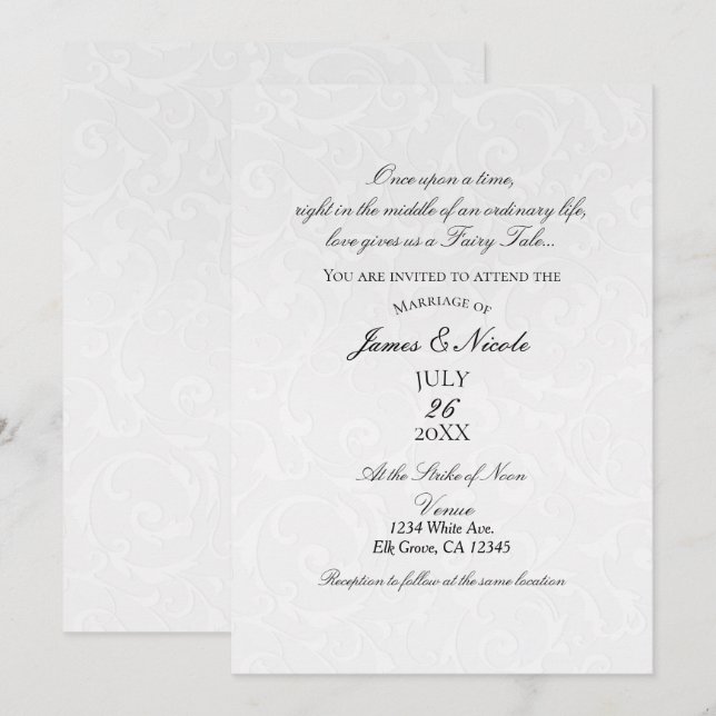 Invitación Libro de Cuentos Princesa Damasco Blanco Elegante  (Anverso / Reverso)